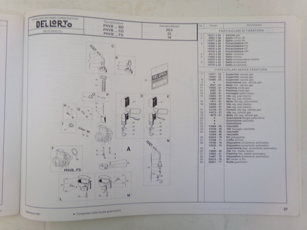 per dellorto motocicli ciclomotori scooter catalogo 12 ricambi carburatore spare part carburetor motorcycle 1997