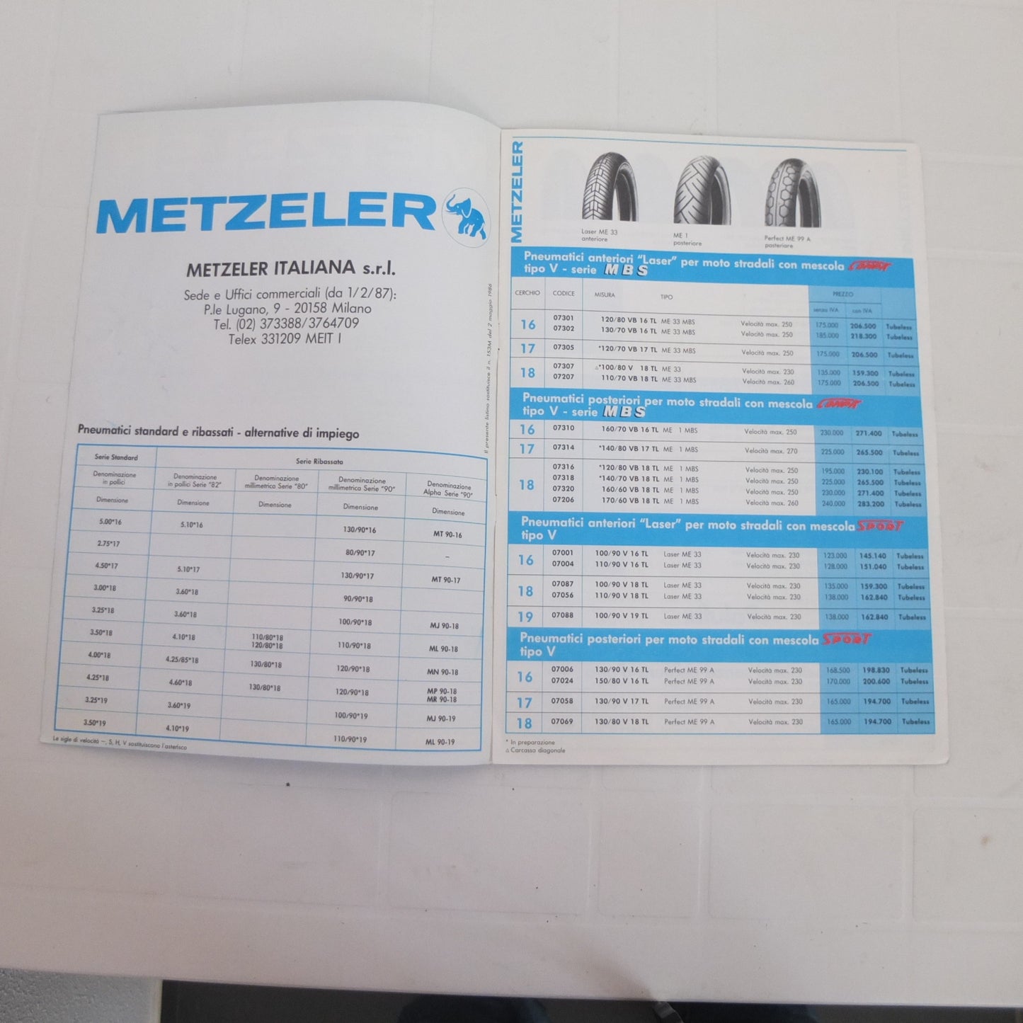 Listino prezzi pneumatici gomme copertone Metzeler 1987 opuscolo catalogo brochure depliant pubblicità