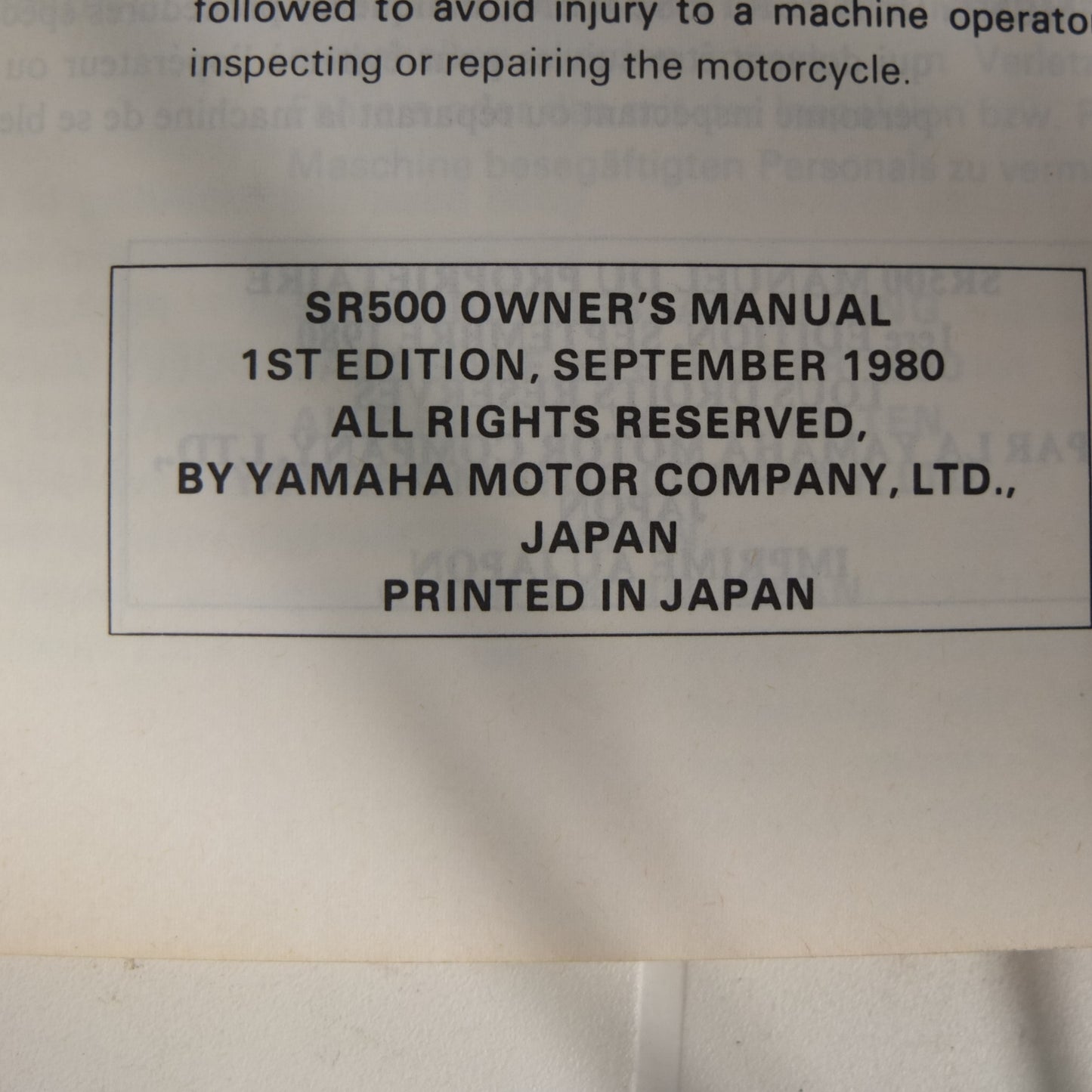 Yamaha sr 500 1981 moto owners manual manuel du proprietarie Betriebsanleitung uso manutenzione