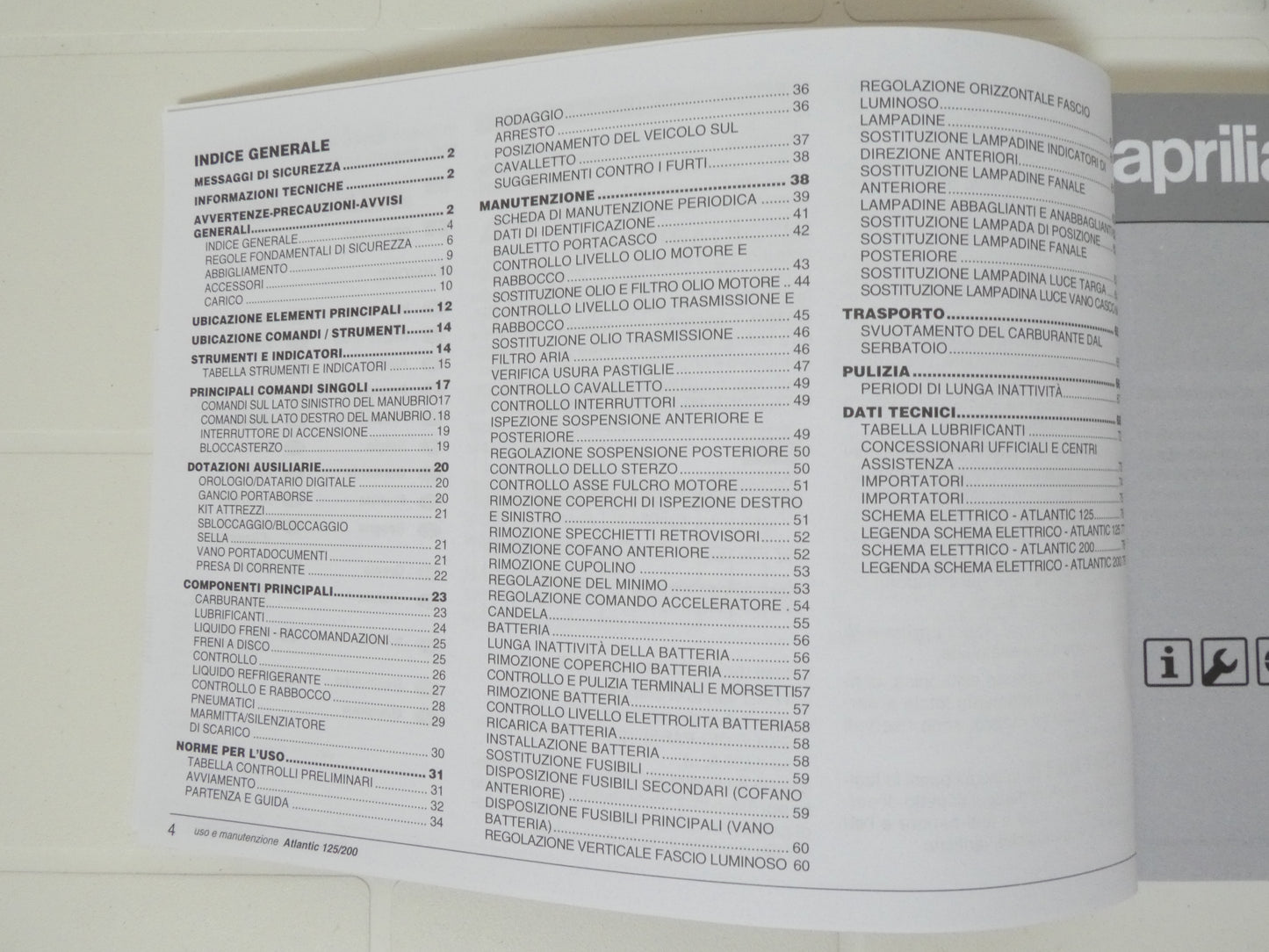 Per Aprilia Atlantic 125 libretto manuale uso manutenzione del proprietario scooter con motore piaggio 4v 125