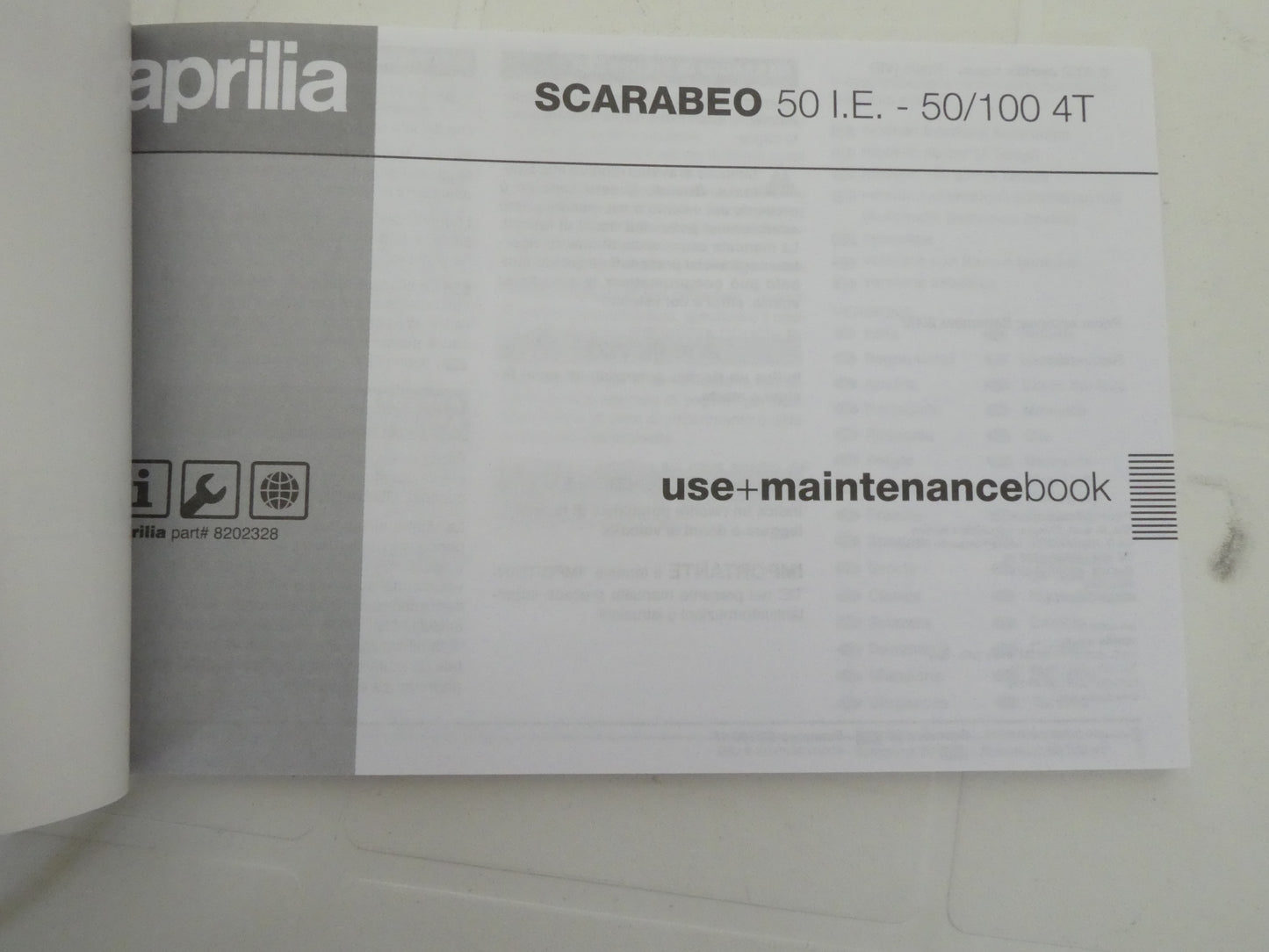 Per Aprilia Scarabeo 50 i.e 50 100 4t libretto manuale uso manutenzione del proprietario scooter con motore 8202328