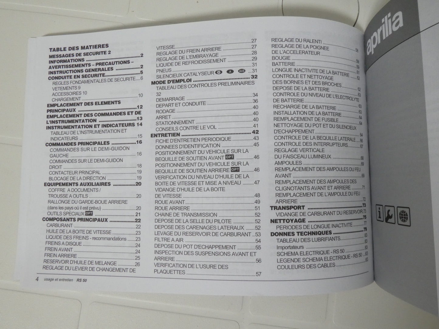 per Aprilia rs 50 tuono libretto manuale uso manutenzione del proprietario moto usage et entretien betriebsanleitung 8202371