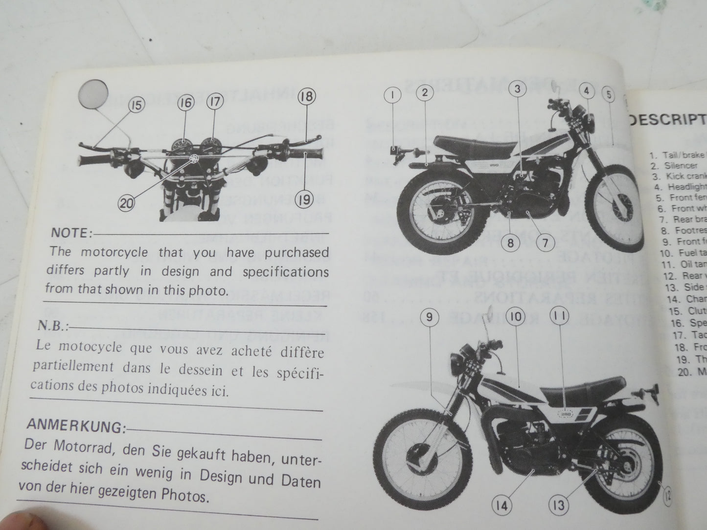 per Yamaha dt 400 250 mx g 3J4-28199-80 Owners manual betriebsanleitung moto motorcycle manuale uso manutenzione