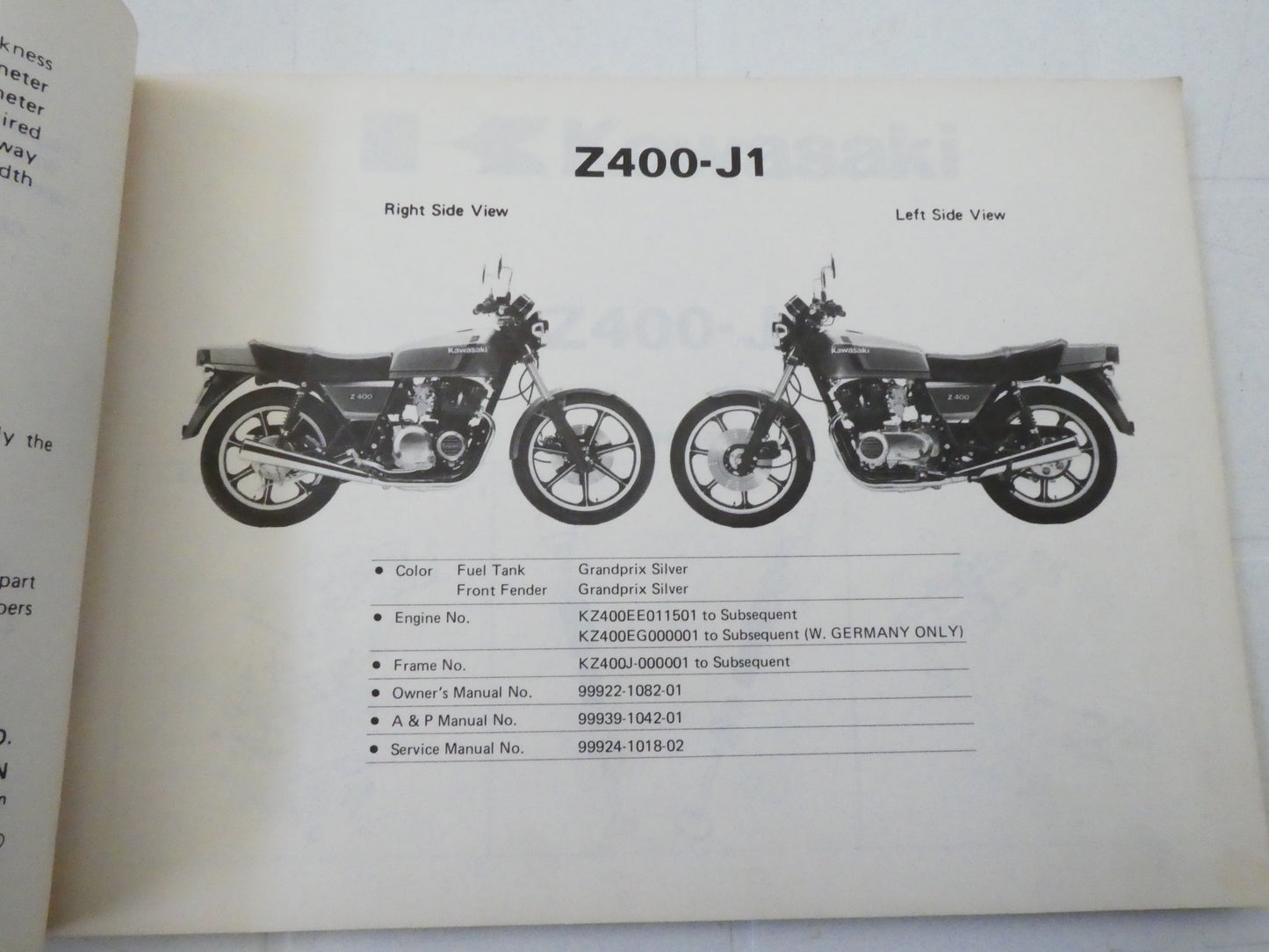 Per Kawasaki Z 400 J1 J catalogo parti ricambio moto motorcycle parts catalogue