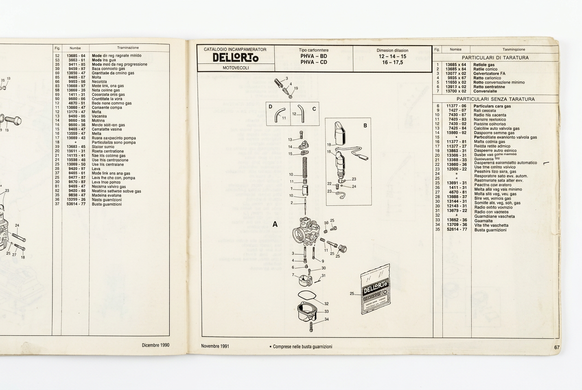 per dellorto motocicli ciclomotori scooter catalogo ricambi carburatore spare part carburetor motorcycle 1990