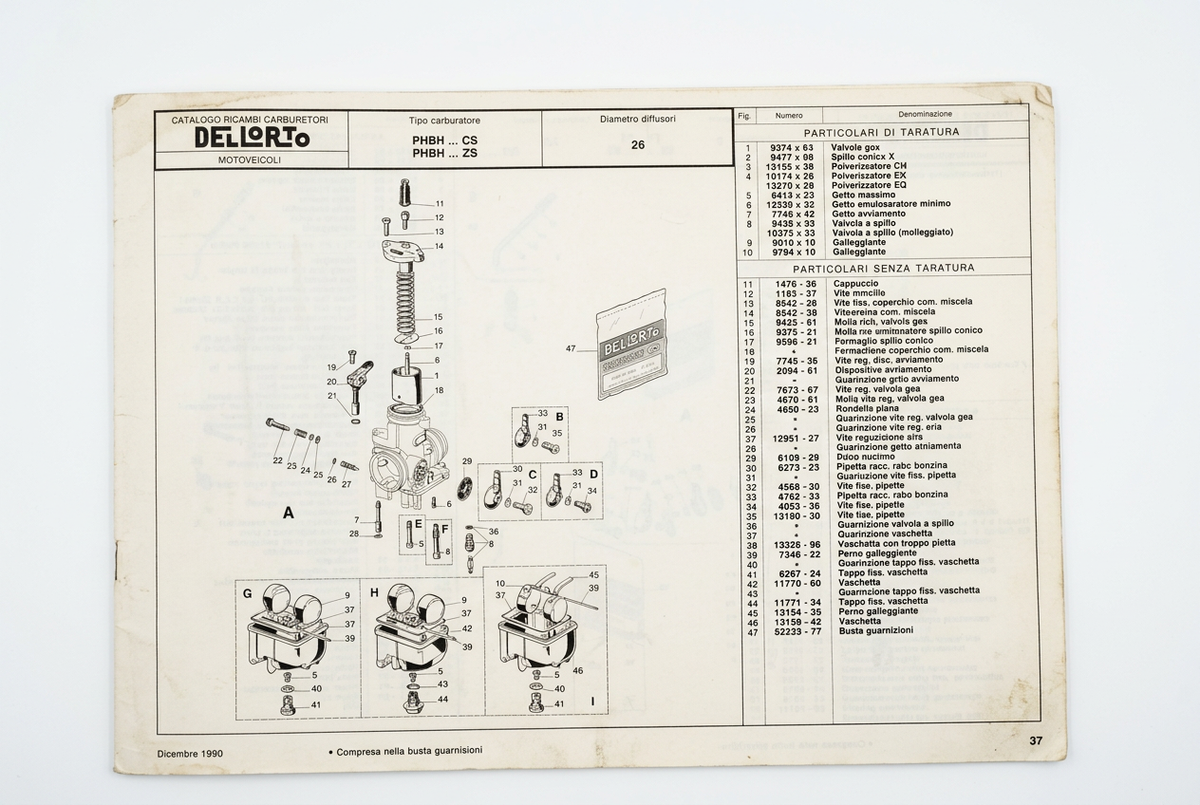 per dellorto motocicli ciclomotori scooter catalogo ricambi carburatore spare part carburetor motorcycle 1990