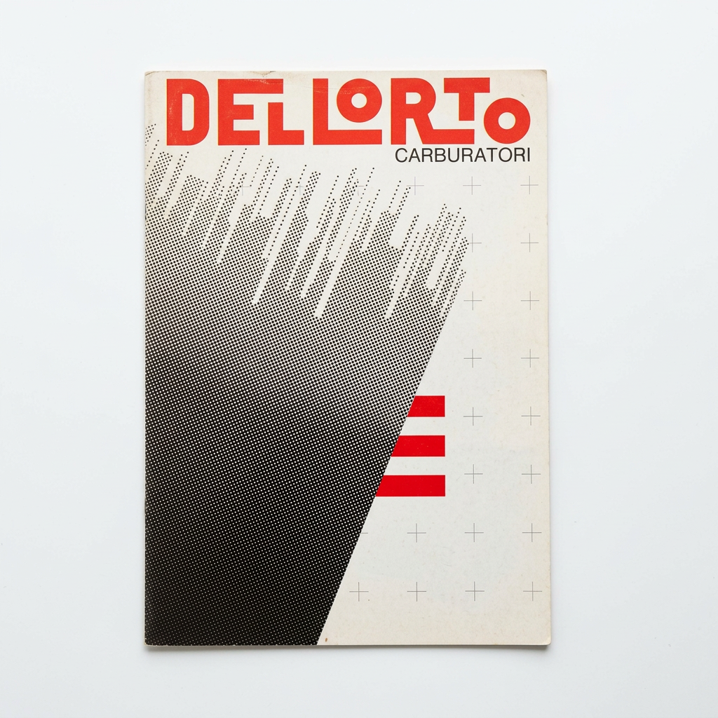 Copertina del dépliant Dell’Orto carburatori con logo rosso e grafica nera