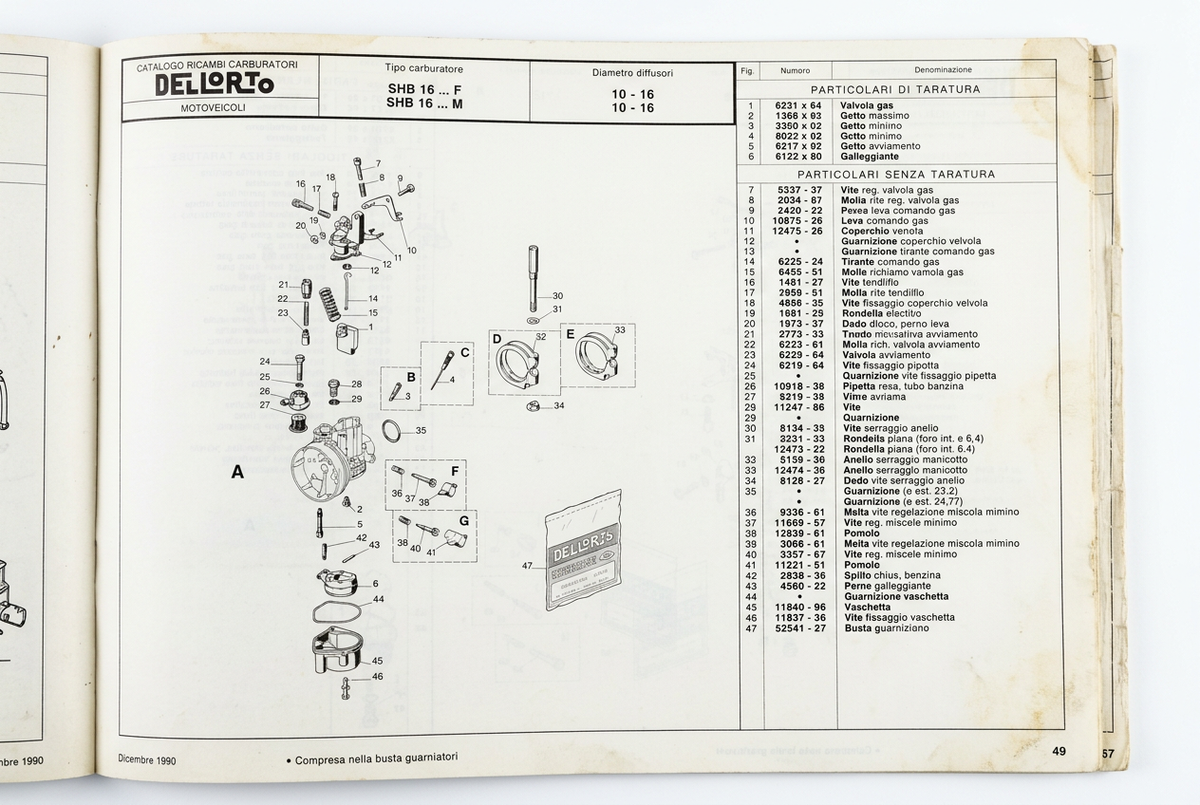per dellorto motocicli ciclomotori scooter catalogo ricambi carburatore spare part carburetor motorcycle 1990